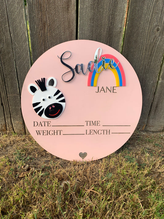 Zebra + Rainbow Wood + Acrylic Birth Stat Name Sign